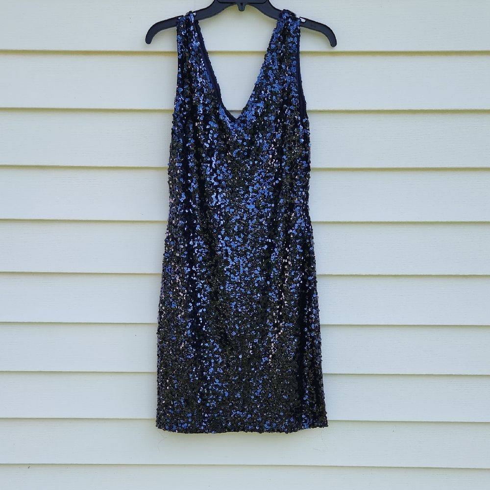 Blue and Black Sequin Sheath Dress with V-Neck